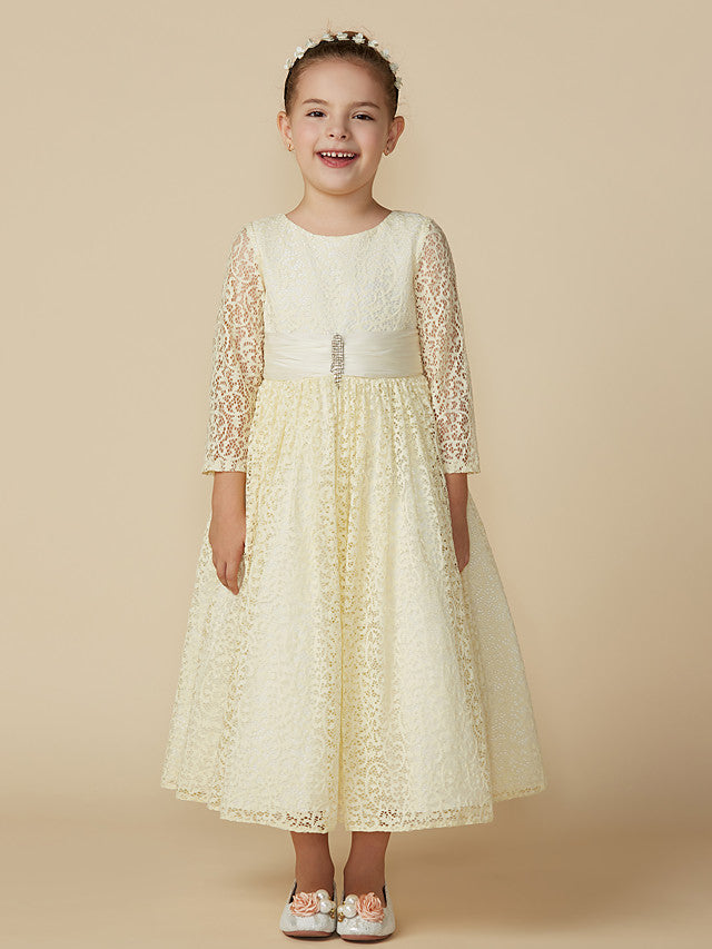 Lace 3/4 Length Sleeve A-Line Tea Length Party Dress with Sash Ribbon & Crystal Brooch-BallBride
