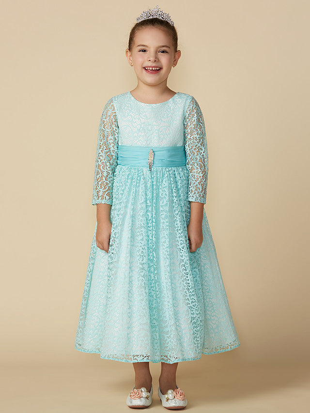 Lace 3/4 Length Sleeve A-Line Tea Length Party Dress with Sash Ribbon & Crystal Brooch-BallBride