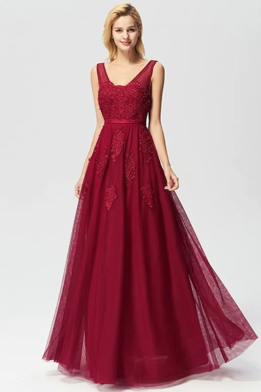 Lace Appliques Sleeveless Long Evening Prom Dress Online-BallBride
