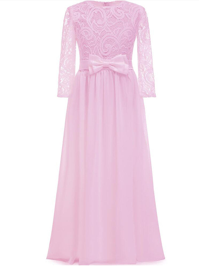 Lace Bow Jewel Neck Long Length Sheath Column Flower Girl Dress-BallBride