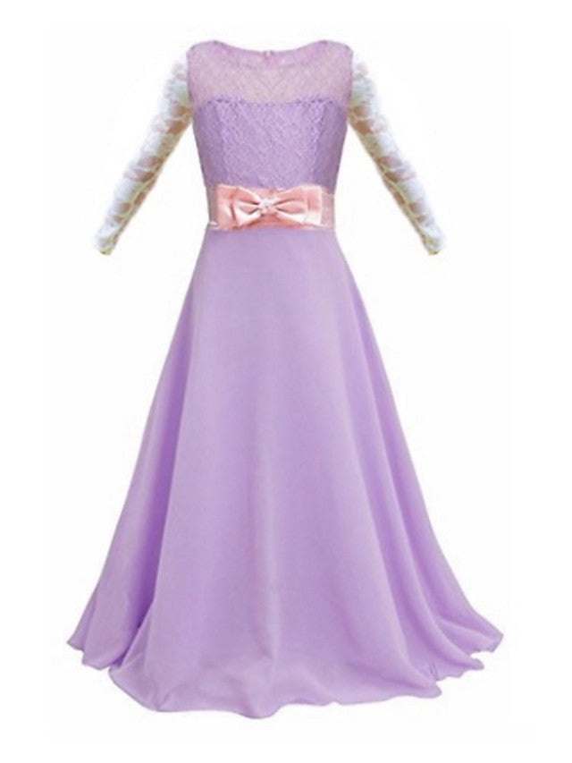 Lace Bow Jewel Neck Long Length Sheath Column Flower Girl Dress-BallBride