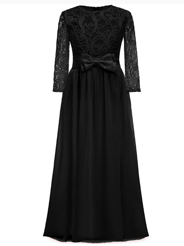 Lace Bow Jewel Neck Long Length Sheath Column Flower Girl Dress-BallBride