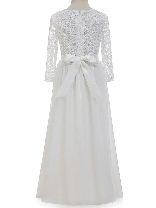 Lace Bow Jewel Neck Long Length Sheath Column Flower Girl Dress-BallBride