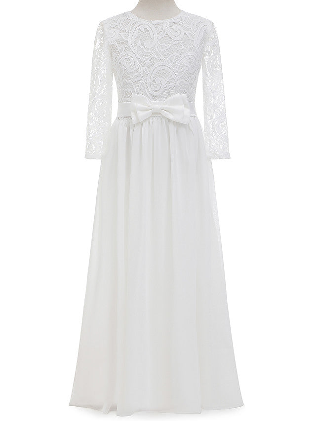 Lace Bow Jewel Neck Long Length Sheath Column Flower Girl Dress-BallBride