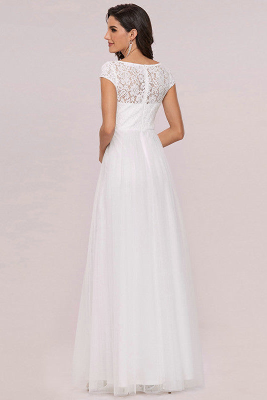Lace Cap Sleeve Long Wedding Dress with Zipper Back-BallBride