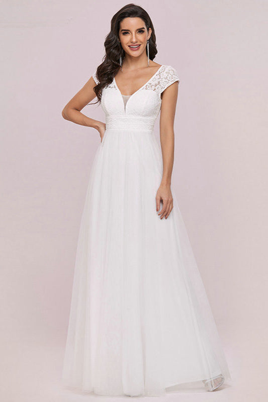 Lace Cap Sleeve Long Wedding Dress with Zipper Back-BallBride