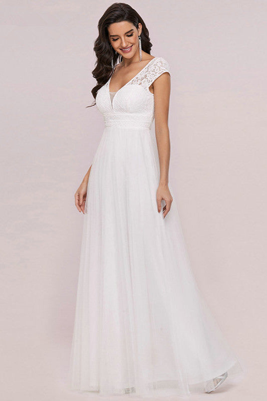 Lace Cap Sleeve Long Wedding Dress with Zipper Back-BallBride