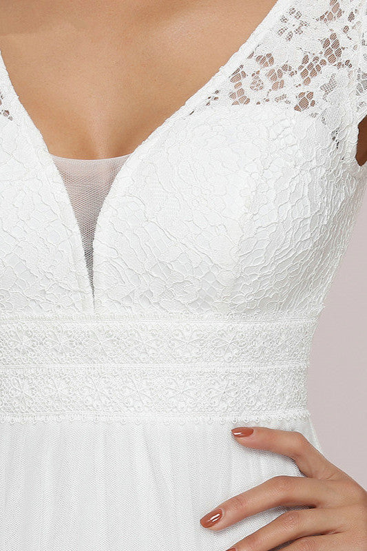 Lace Cap Sleeve Long Wedding Dress with Zipper Back-BallBride