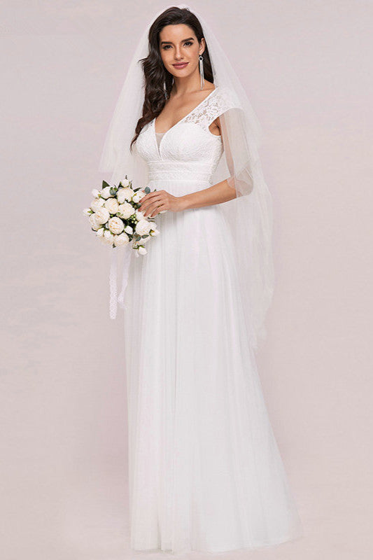 Lace Cap Sleeve Long Wedding Dress with Zipper Back-BallBride