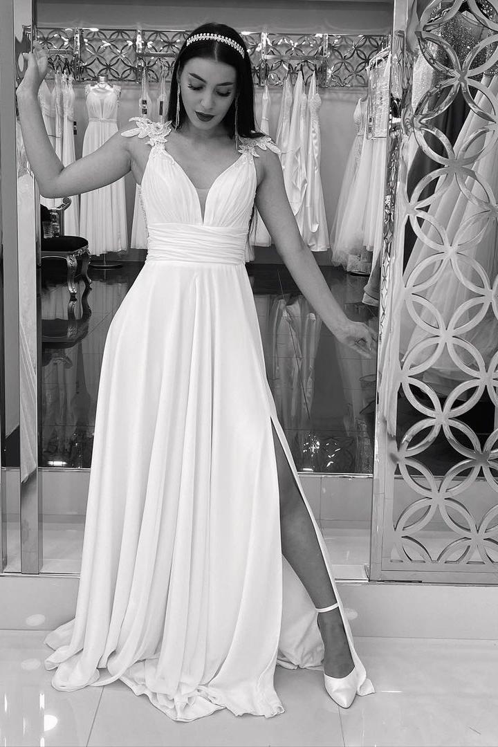 Lace Chiffon A-line V-neck Split Wedding Dress-BallBride