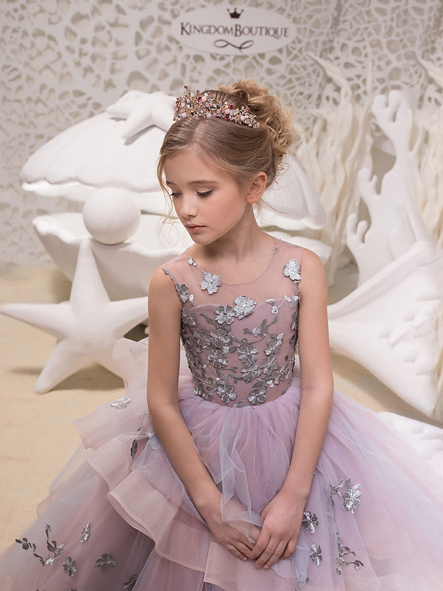 Lace Organza Tulle Maxi Dress for Flower Girls - Sleeveless Jewel Neck with Lace Appliques and Buttons-BallBride