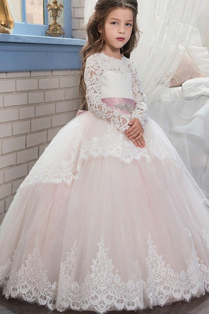 Lace-Trimmed Purple Ball Gown for Girls with Long Sleeves & Scoop Neck-BallBride