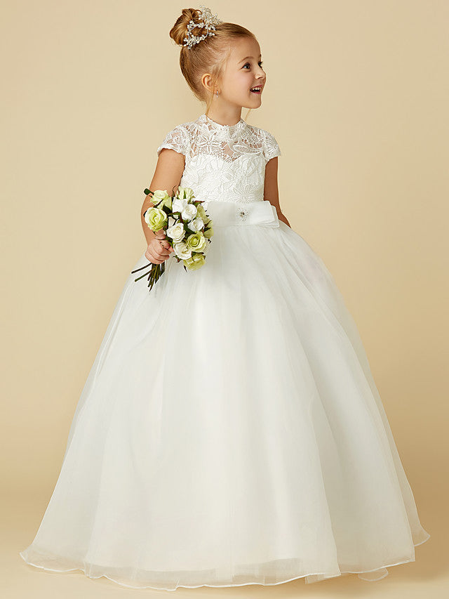 Lace Tulle Ball Gown with Short Sleeve High Neck & Sash Ribbon Bow for Flower Girl Dress-BallBride