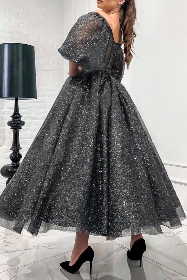 Lace Up Grey Off The Shoulder Tulle A Line Prom Dress with Sequins-BallBride