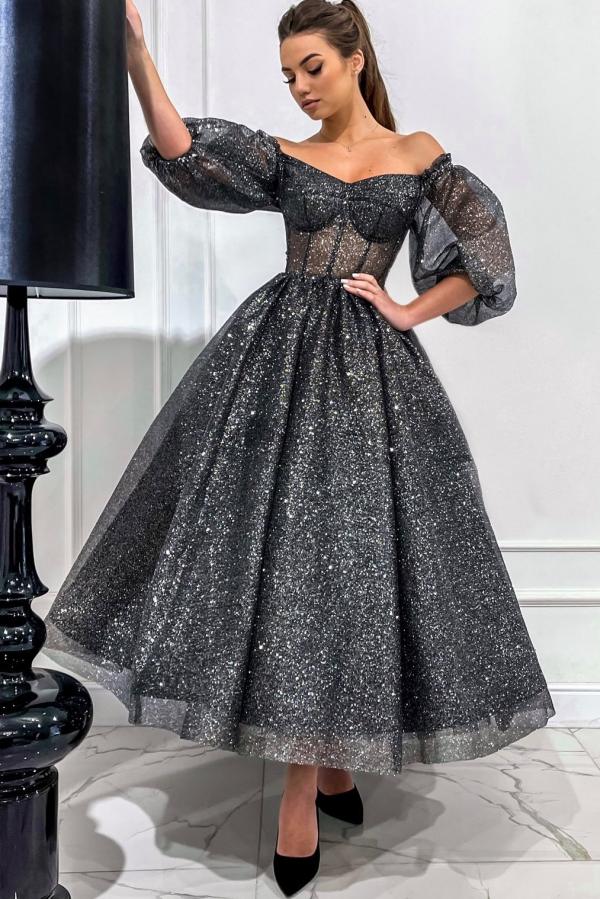 Lace Up Grey Off The Shoulder Tulle A Line Prom Dress with Sequins-BallBride
