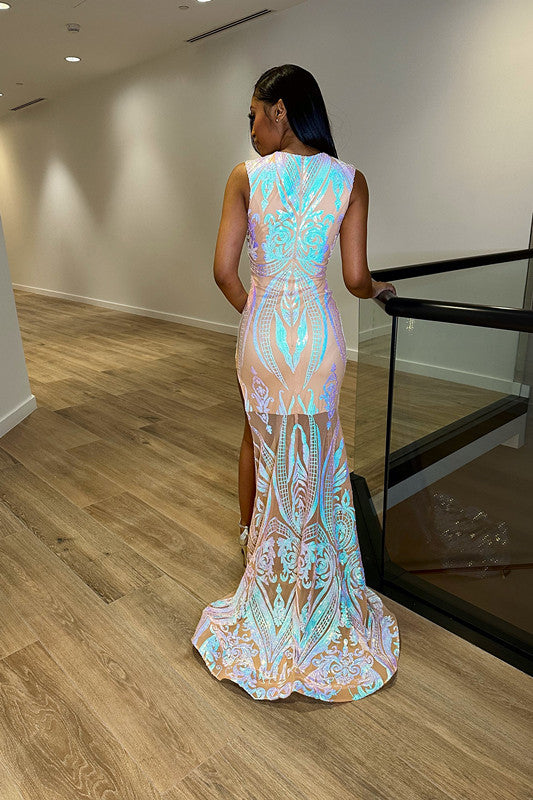 Laser Light Sleeveless Mermaid Princess Prom Dress with Split Trumpet Crew Neck-BallBride