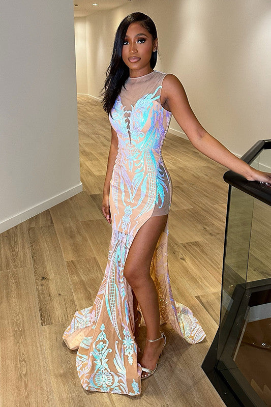 Laser Light Sleeveless Mermaid Princess Prom Dress with Split Trumpet Crew Neck-BallBride