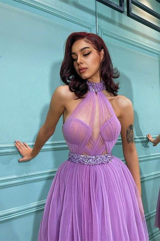 Lavender High Neck Short Prom Dress with Tulle-BallBride