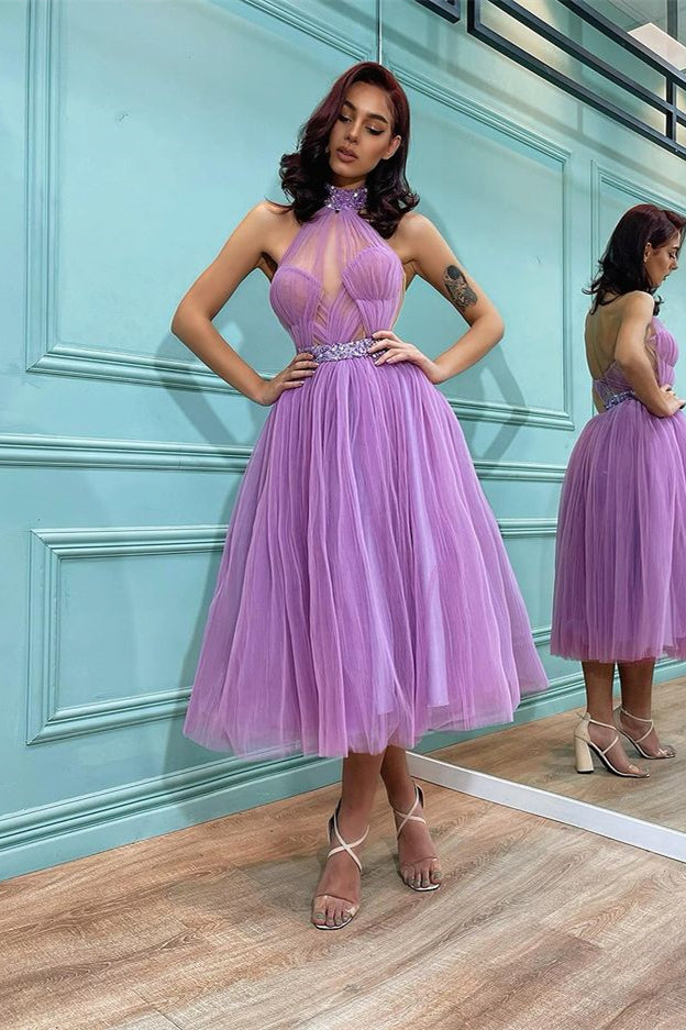 Lavender High Neck Short Prom Dress with Tulle-BallBride