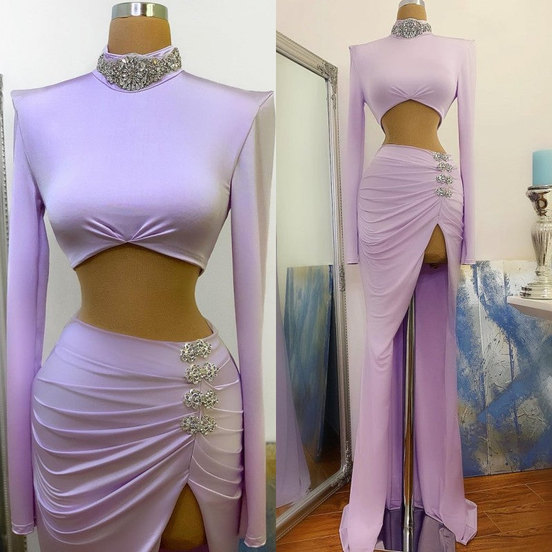 Lavender Two-Piece High Neck Crystal Long Sleeve Prom Dress-BallBride