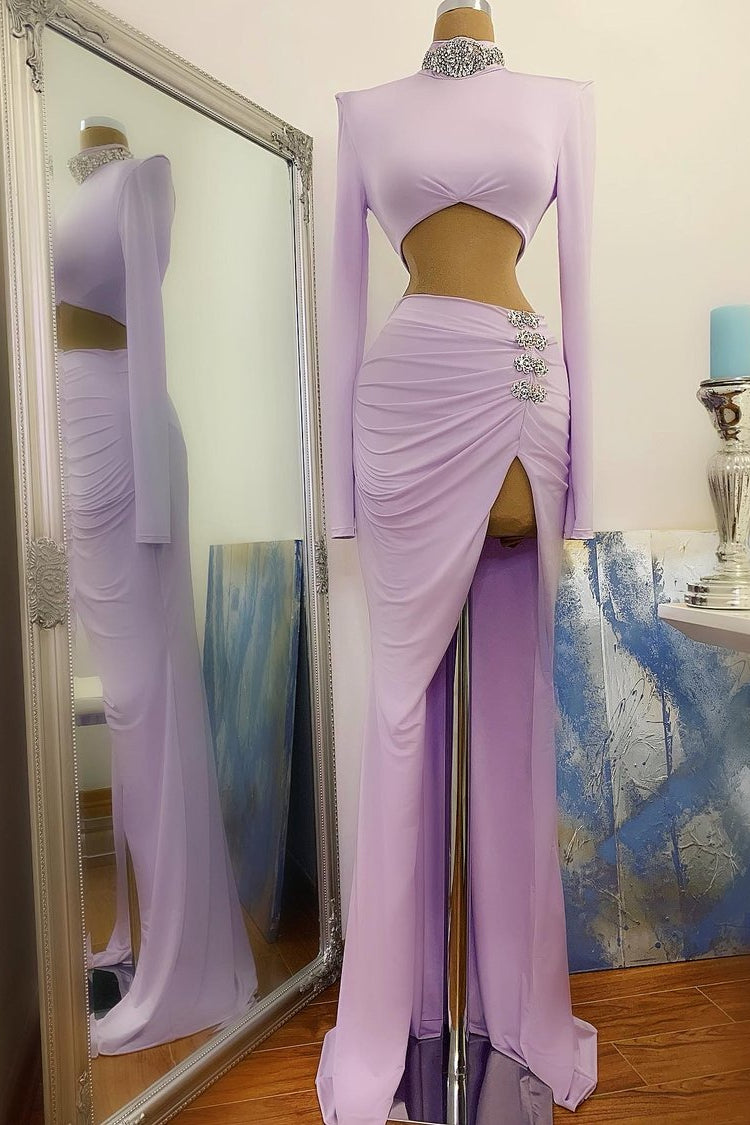 Lavender Two-Piece High Neck Crystal Long Sleeve Prom Dress-BallBride