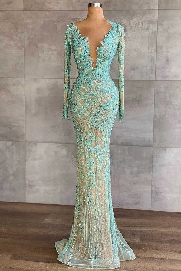 Light Blue Mermaid Beaded Tulle Prom Dress with Sequins and Long Sleeves-BallBride