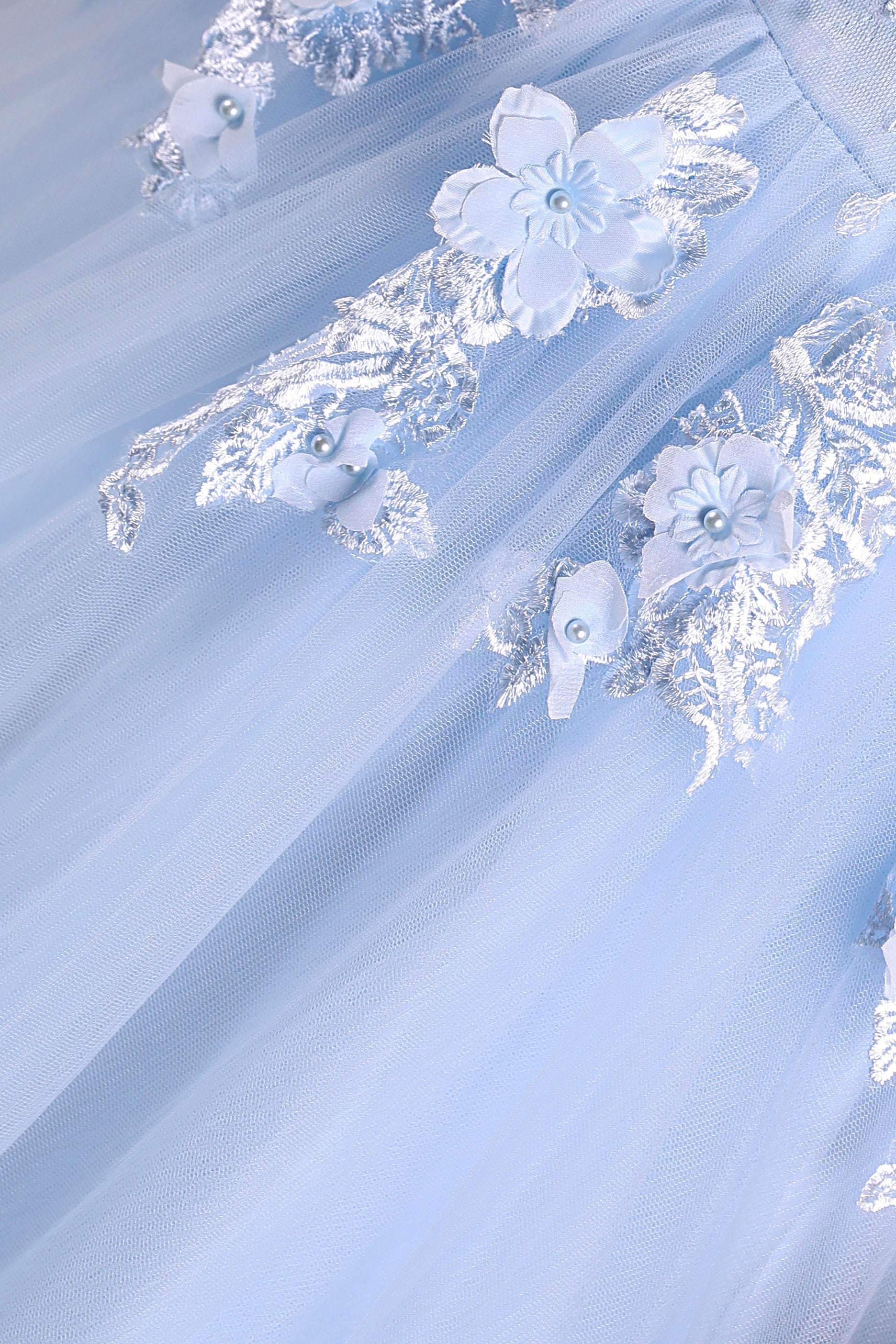 Light Blue Staps Lace Appliques Sleeveless Ball Gown Tulle Prom Dresses-BallBride