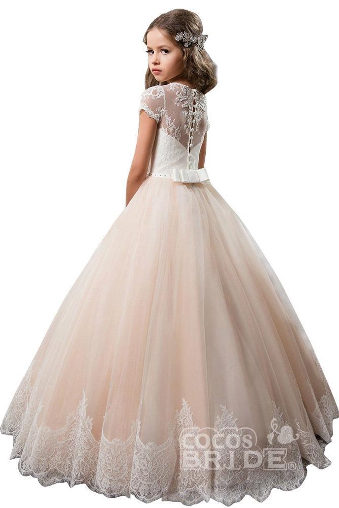 Light Pink Short Sleeve Scoop Neck Ball Gown Flower Girls Dress-BallBride