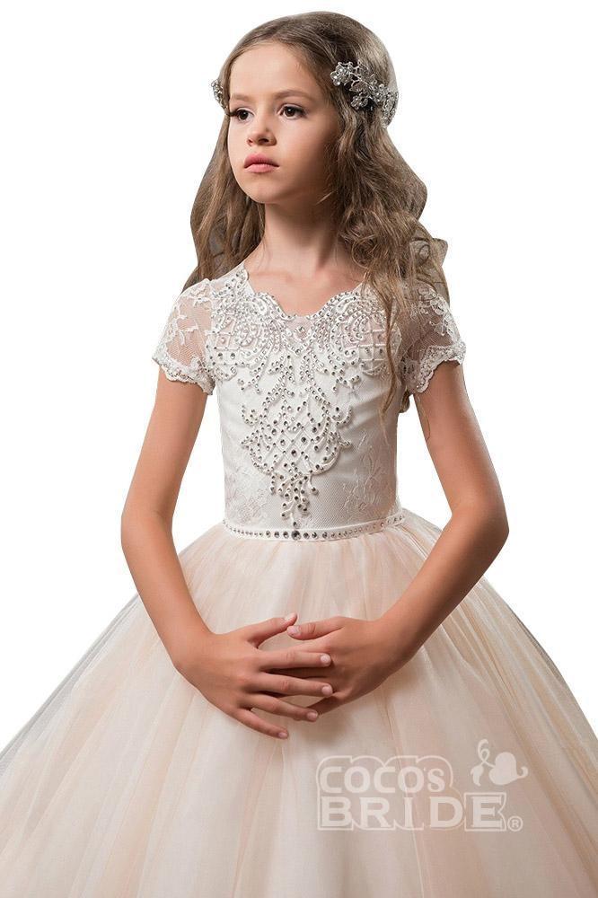 Light Pink Short Sleeve Scoop Neck Ball Gown Flower Girls Dress-BallBride