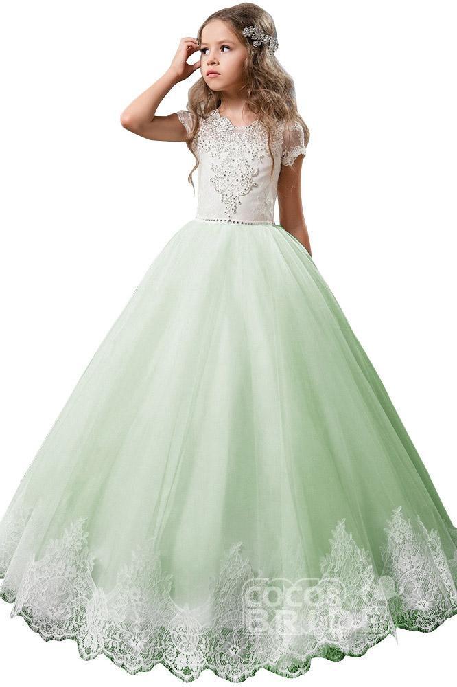 Light Pink Short Sleeve Scoop Neck Ball Gown Flower Girls Dress-BallBride