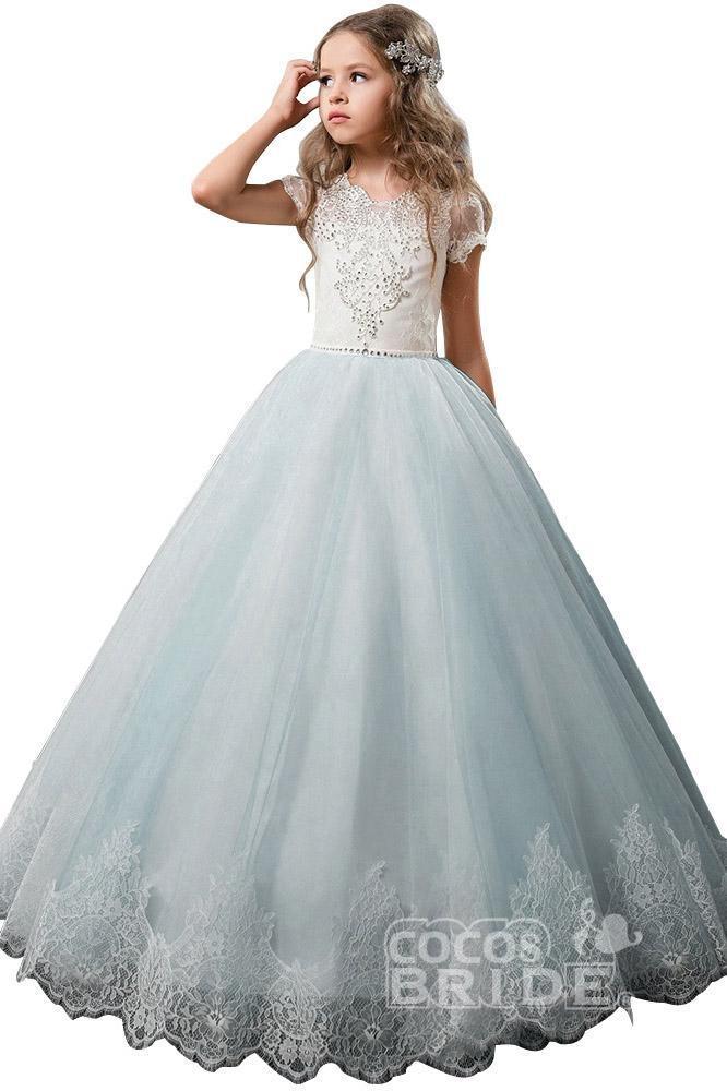 Light Pink Short Sleeve Scoop Neck Ball Gown Flower Girls Dress-BallBride