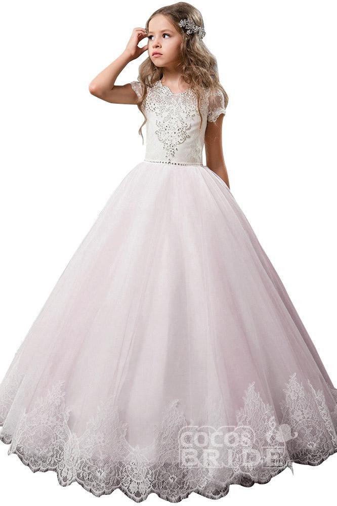 Light Pink Short Sleeve Scoop Neck Ball Gown Flower Girls Dress-BallBride