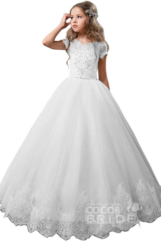 Light Pink Short Sleeve Scoop Neck Ball Gown Flower Girls Dress-BallBride