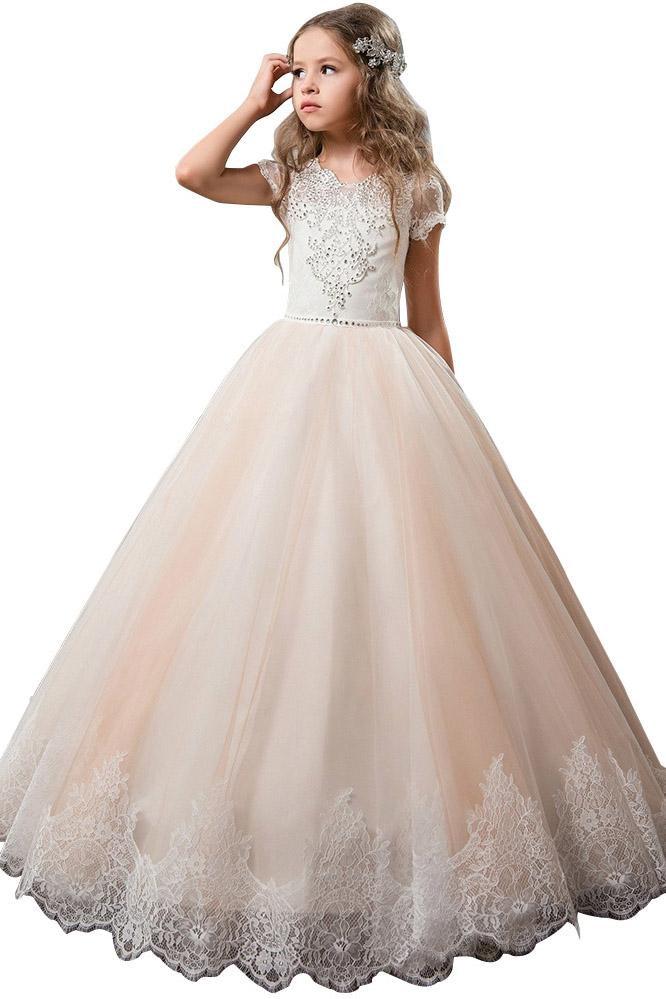 Light Pink Short Sleeve Scoop Neck Ball Gown Flower Girls Dress-BallBride