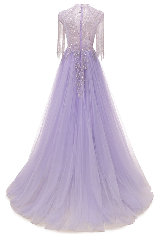Lilac Long sleeves Overskirt A-line Evening Dresses-BallBride