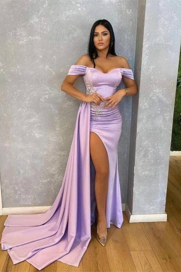 Lilac Mermaid Prom Dress with Beads and Ruffle Split - Off-The-Shoulder-BallBride