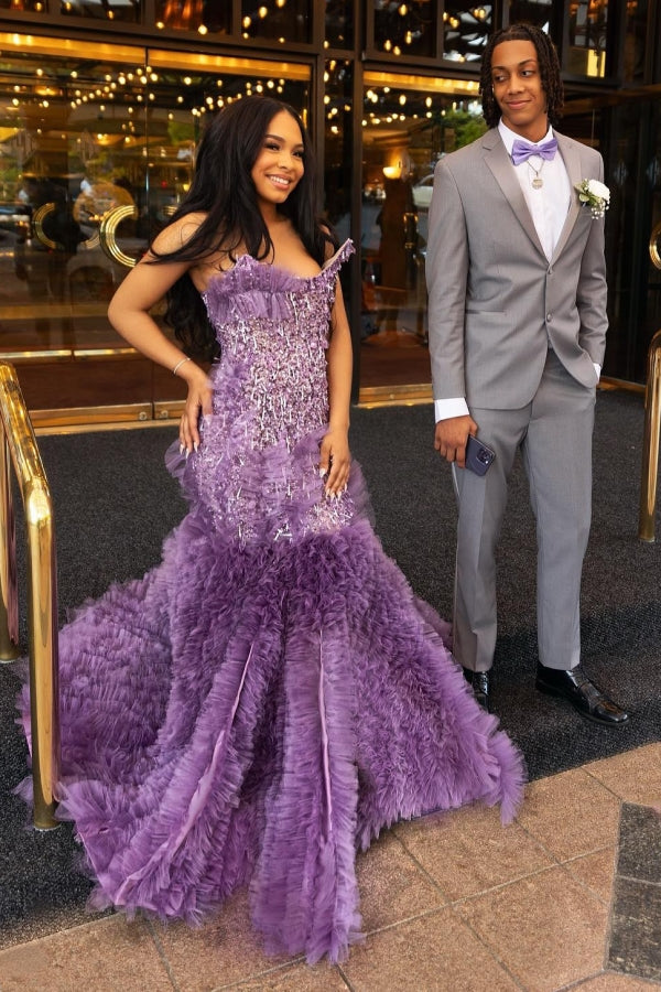 Lilac Modern One Shoulder Ruffles Front Slit Prom Dress-BallBride