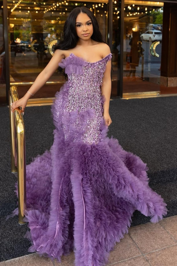 Lilac Modern One Shoulder Ruffles Front Slit Prom Dress-BallBride