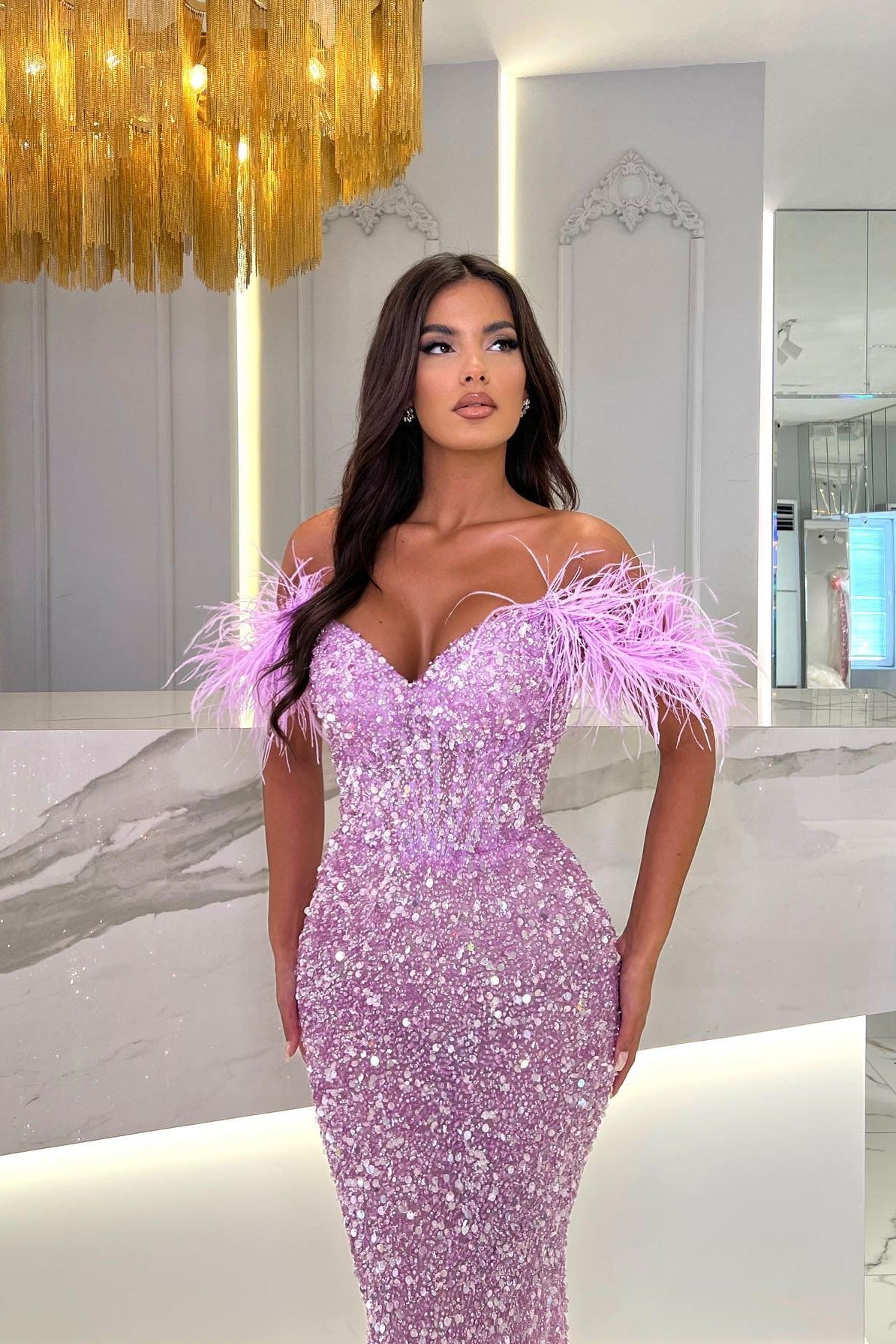 Lilac Off-The-Shoulder Sweetheart Evening Dress with Sequins and Feathers-BallBride