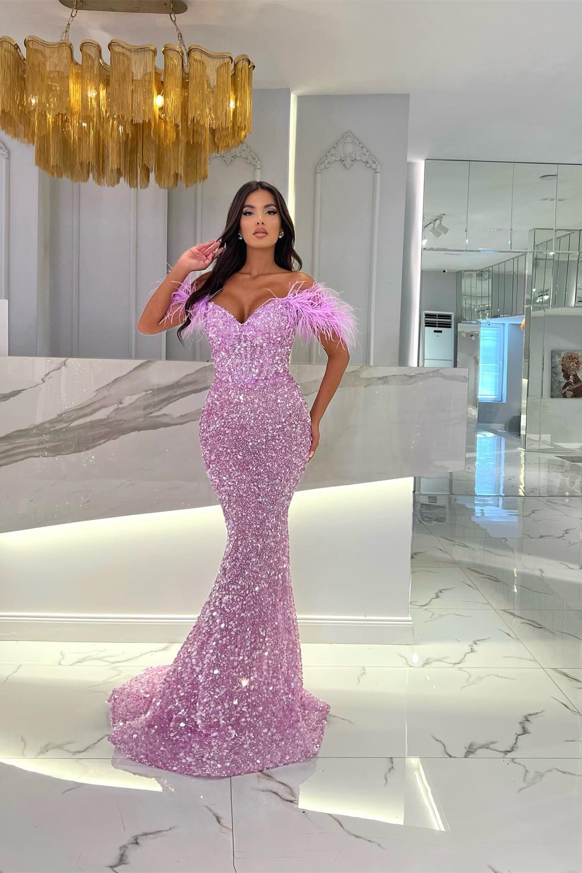 Lilac Off-The-Shoulder Sweetheart Evening Dress with Sequins and Feathers-BallBride
