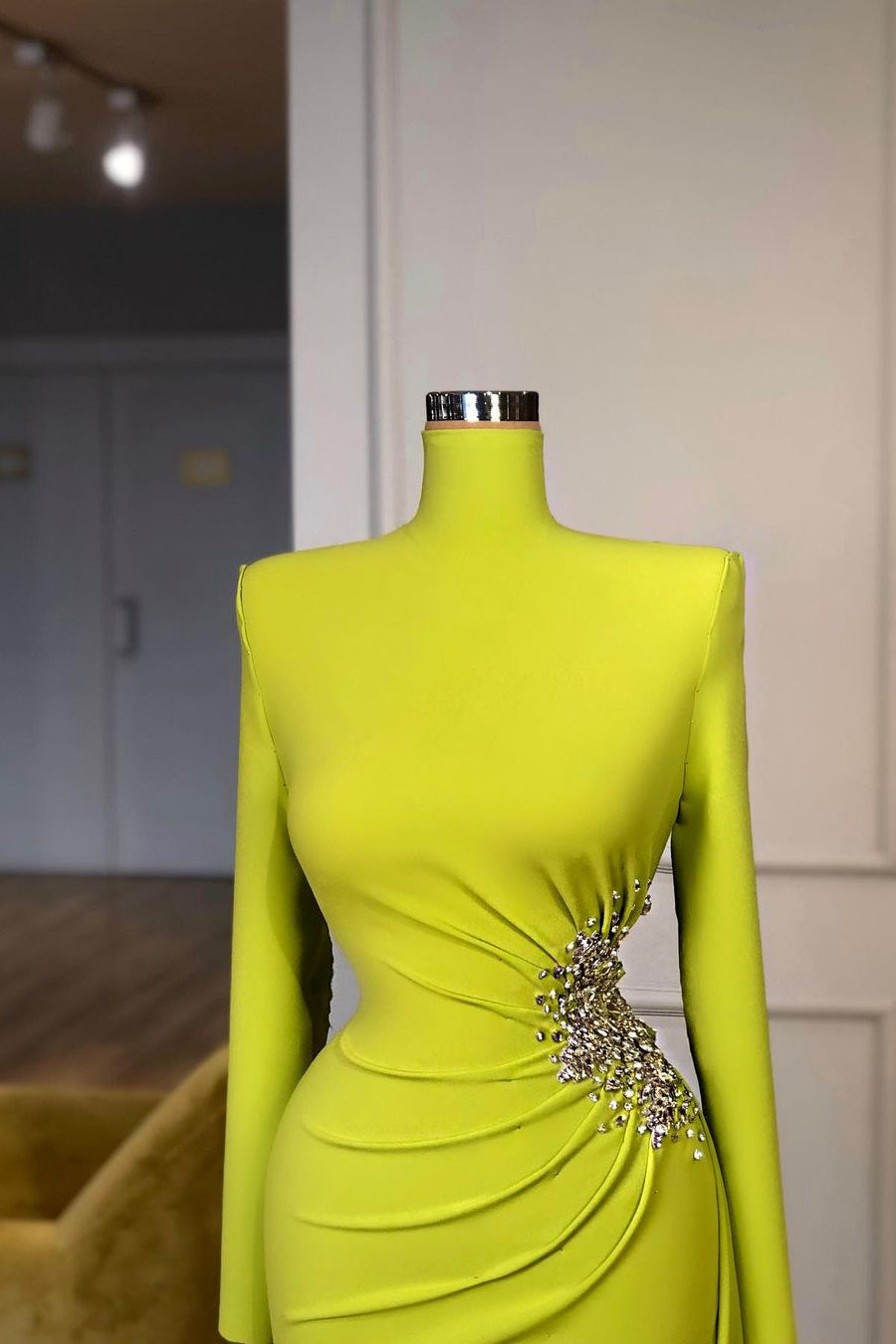 Lime Green High Neck Spandex Long Sleeve Crystal Prom Dress-BallBride