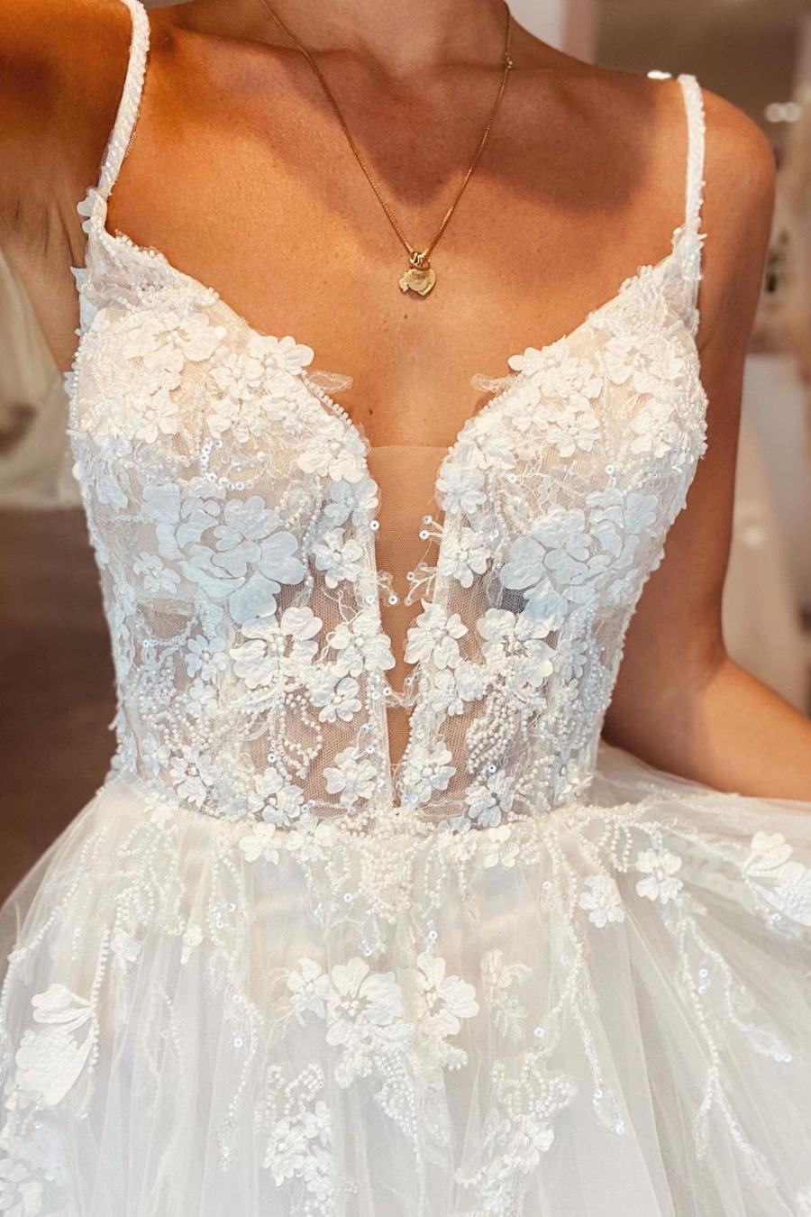 Long A-line Deep V-neck Spaghetti Straps Backless Tulle Wedding Dress with Lace-BallBride
