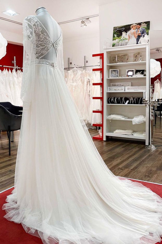 Long A-line Sweetheart Appliques Wedding Dress With Sleeves and Tulle Beadings Lace-BallBride