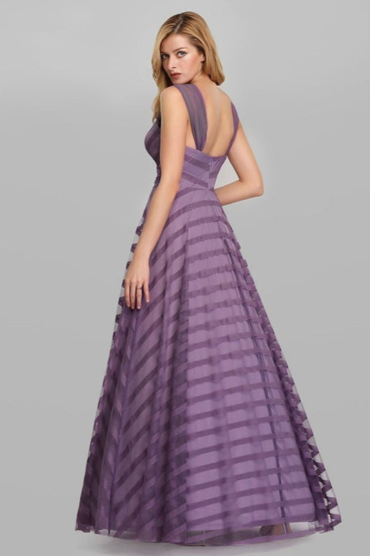 Long A-line V-Neck Tulle Satin Formal Prom Dresses-BallBride