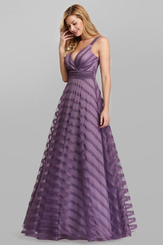 Long A-line V-Neck Tulle Satin Formal Prom Dresses-BallBride