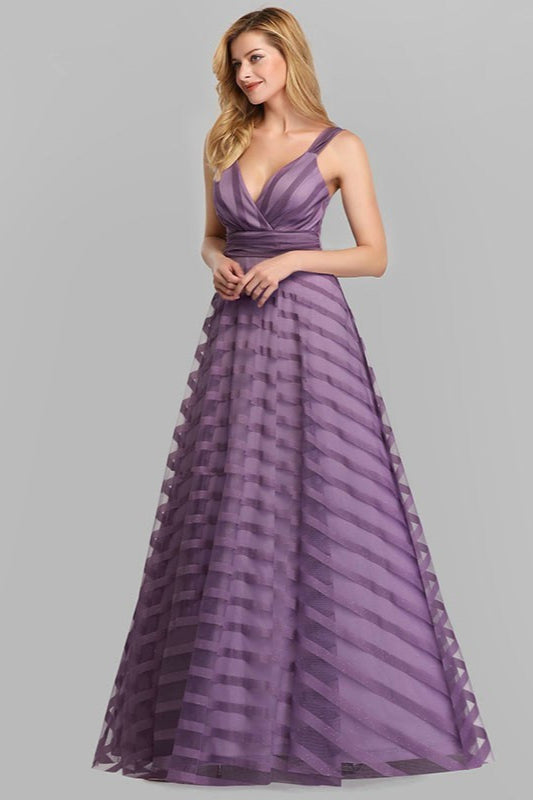 Long A-line V-Neck Tulle Satin Formal Prom Dresses-BallBride