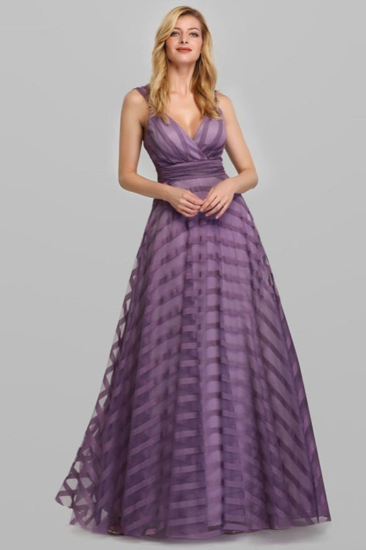 Long A-line V-Neck Tulle Satin Formal Prom Dresses-BallBride