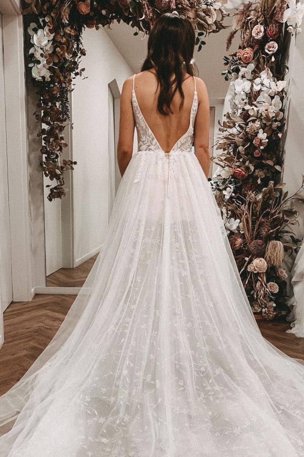 Long A-line V-neck Wedding Dress with Slit & Lace Tulle-BallBride