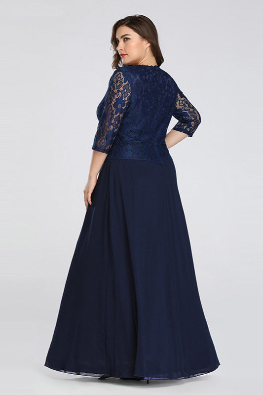 Long Half-Sleeve Navy Lace Plus Size Dress Online-BallBride