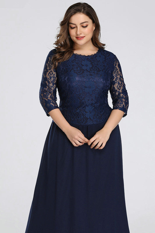 Long Half-Sleeve Navy Lace Plus Size Dress Online-BallBride